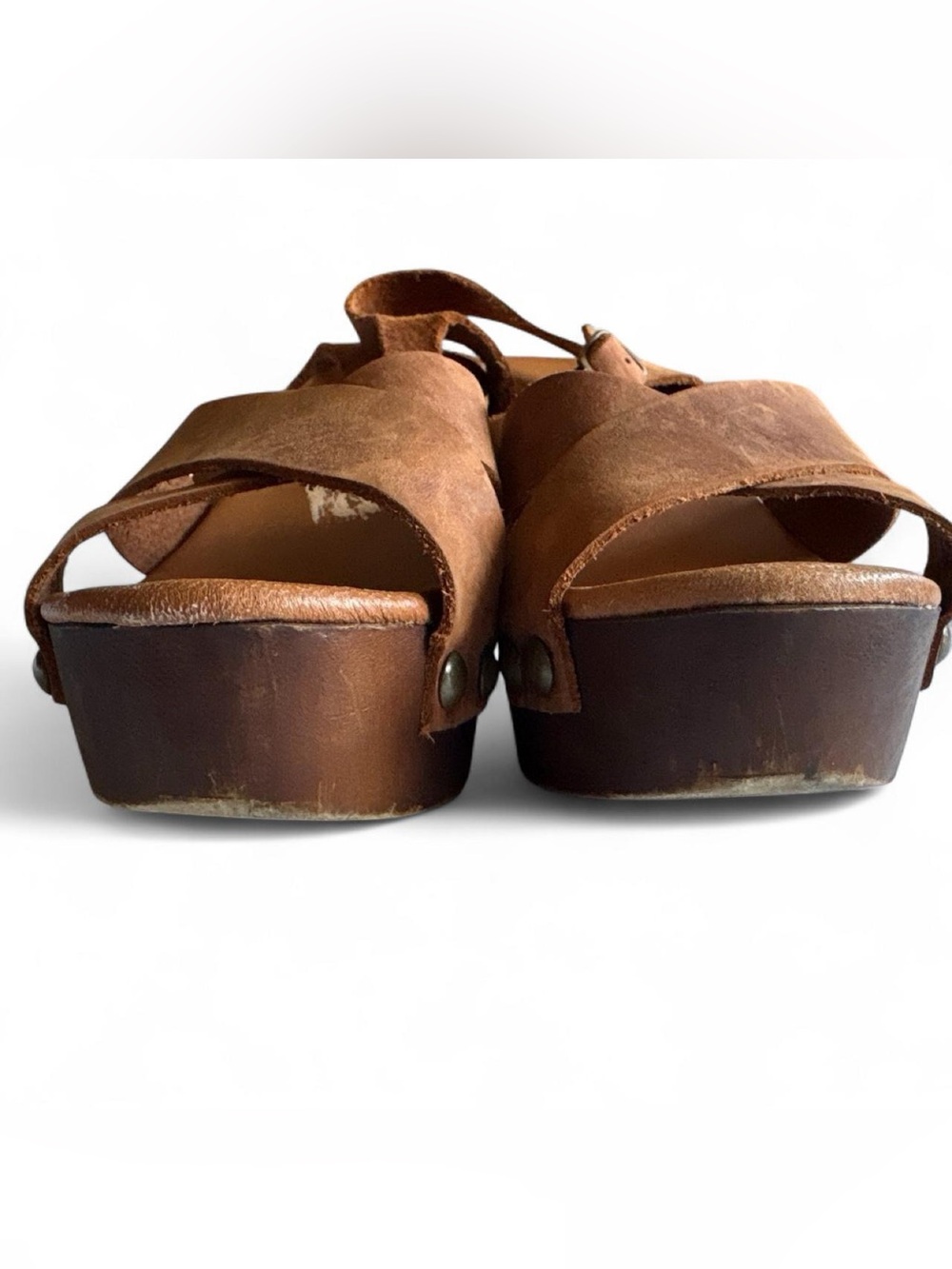 Italian Brown Leather Platform Sandal Chunky Heel Ankle Strap Brass Nailhead 8.5 - Picture 4 of 7